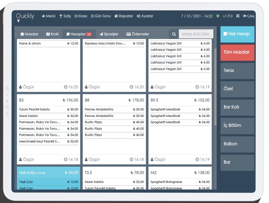 Quickly POS açık hesaplar — mutfak ile senkron sipariş akışı