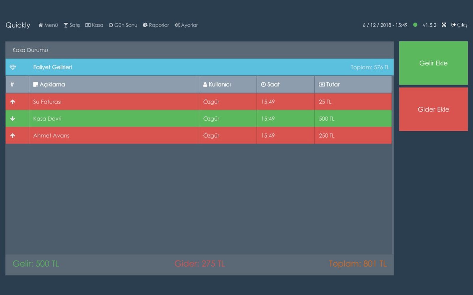 Quickly POS kasa — gelir gider