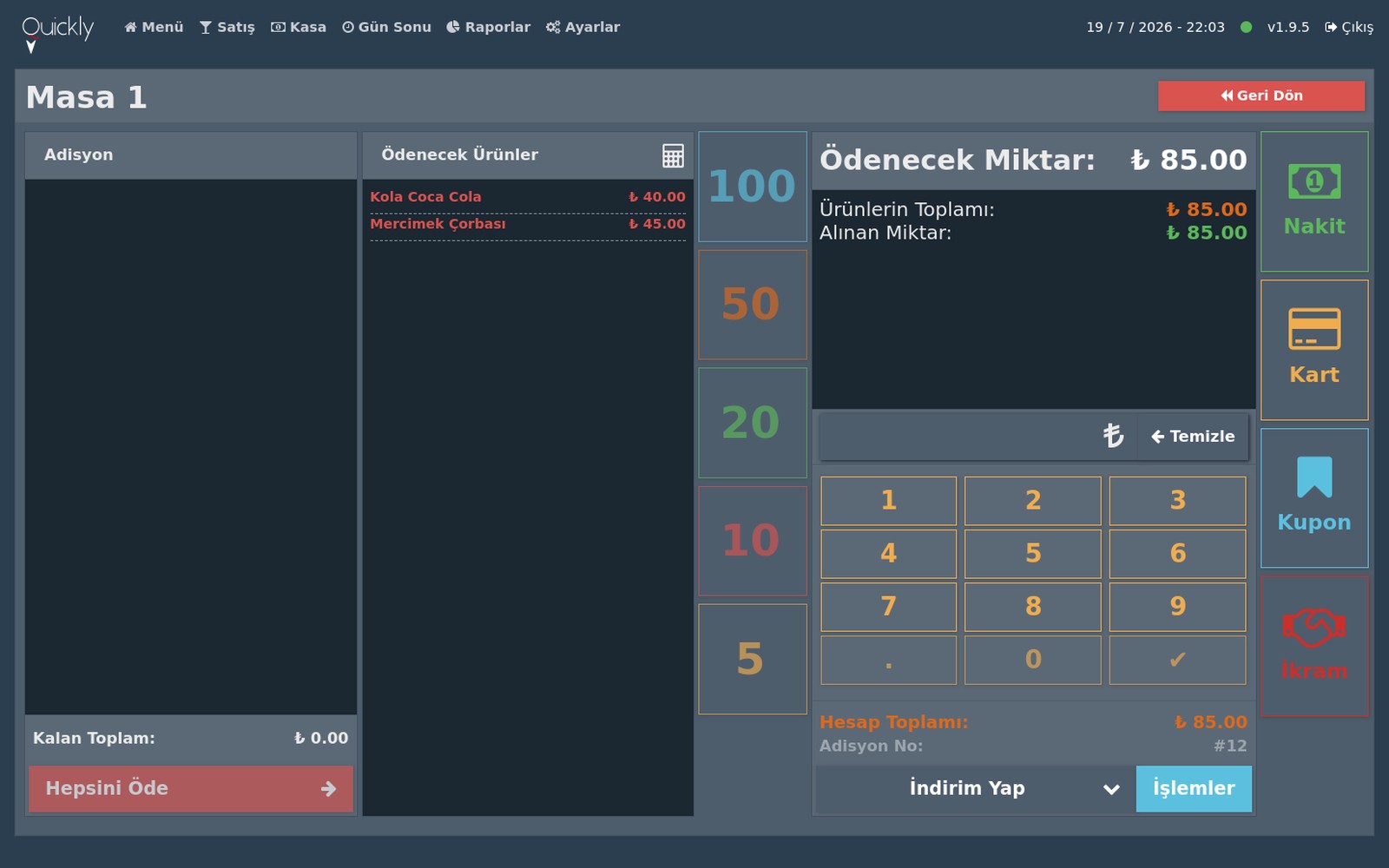 Quickly POS ödeme ekranı — dijital tahsilat kaydı
